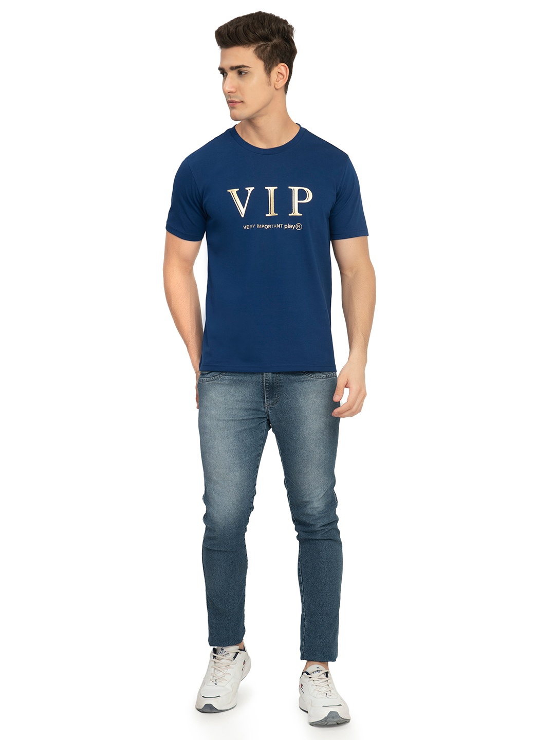 

playR Round Neck Short Sleeves Regular Fit Typography Printed Dri-FIT T-shirt, Blue