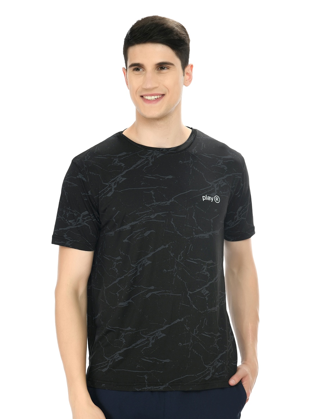 

playR Round Neck Short Sleeves Regular Fit Abstract Printed Dri-FIT T-shirt, Black