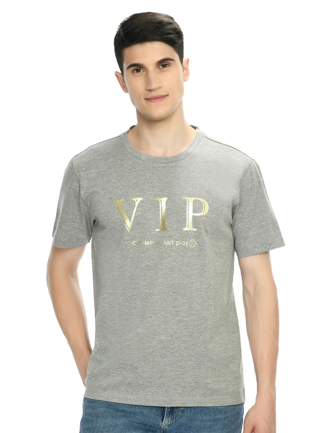 

playR Round Neck Short Sleeves Regular Fit Typography Printed Dri-FIT T-shirt, Grey