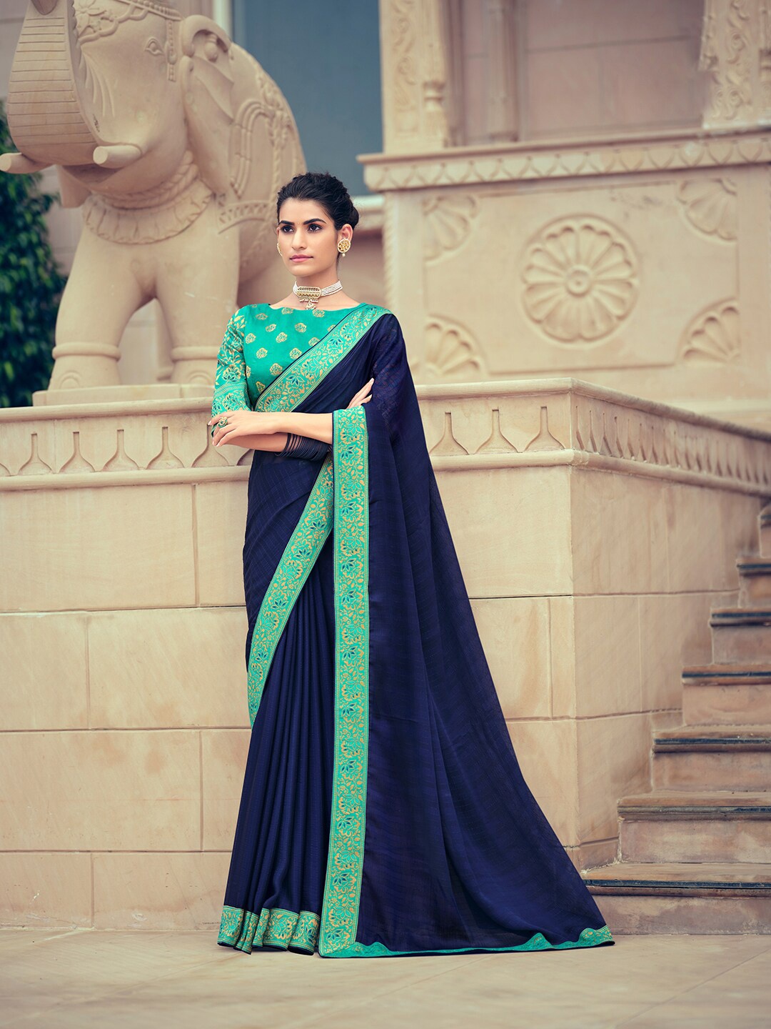 

KALINI Striped Pure Chiffon Saree, Navy blue