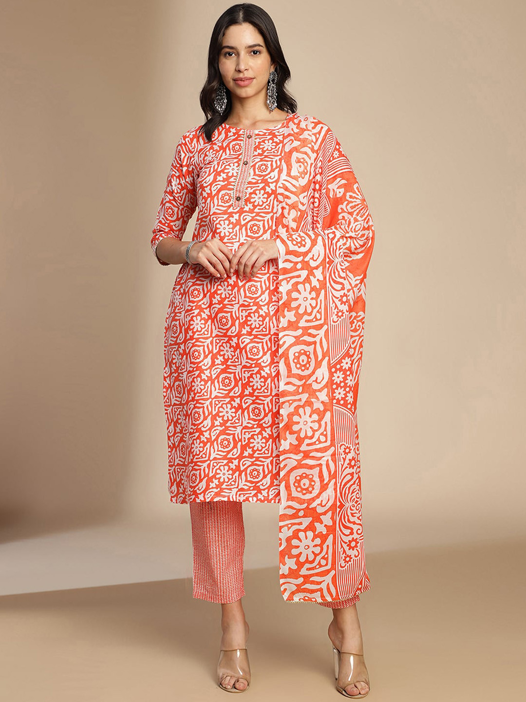 

SKYLEE Floral Printed Regular Gotta Patti Kurta with Palazzos & With Dupatta, Orange