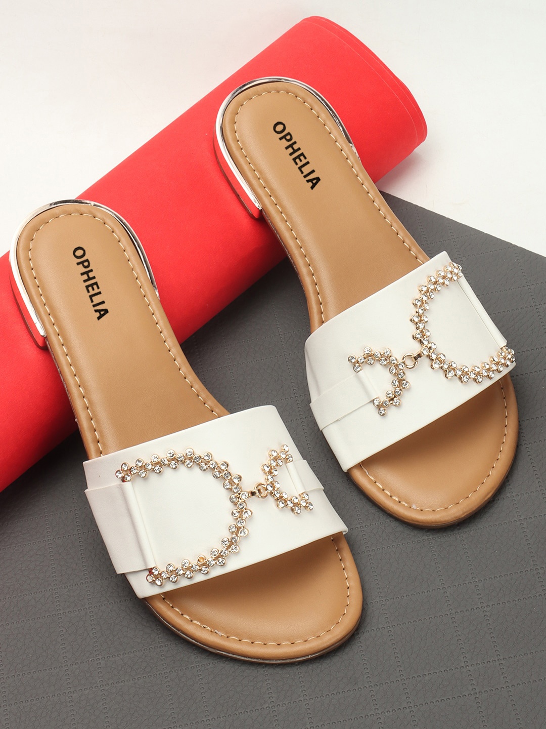 

OPHELIA Embellished Open Toe Flats, White