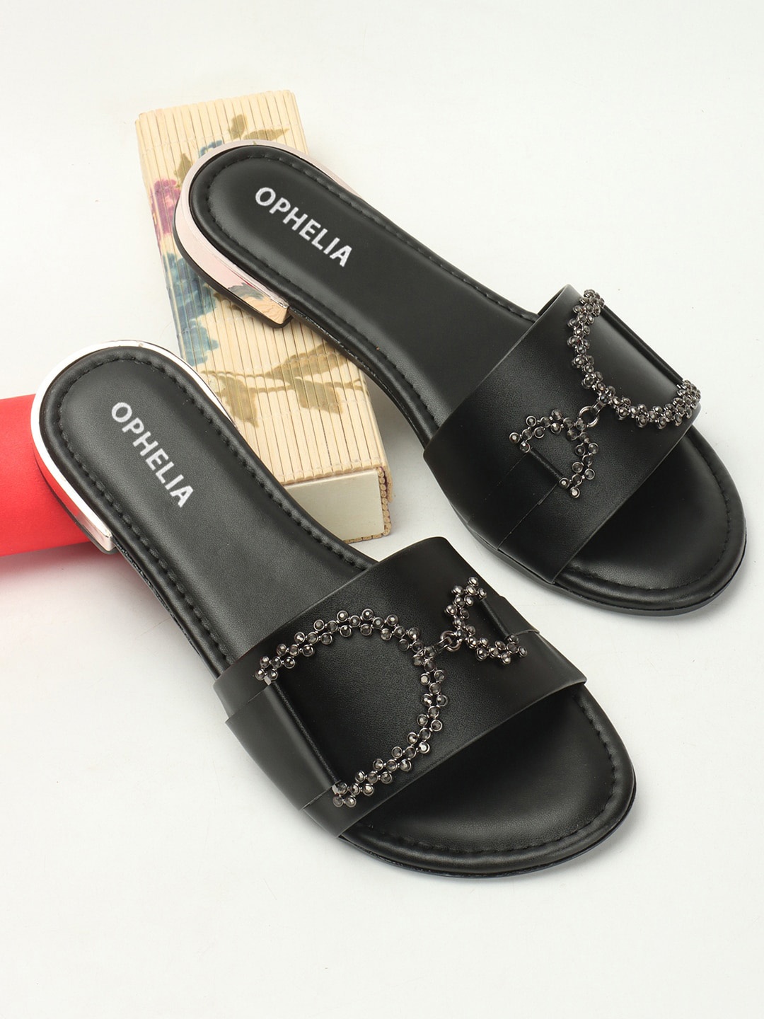 

OPHELIA Embellished Open Toe Flats, Black