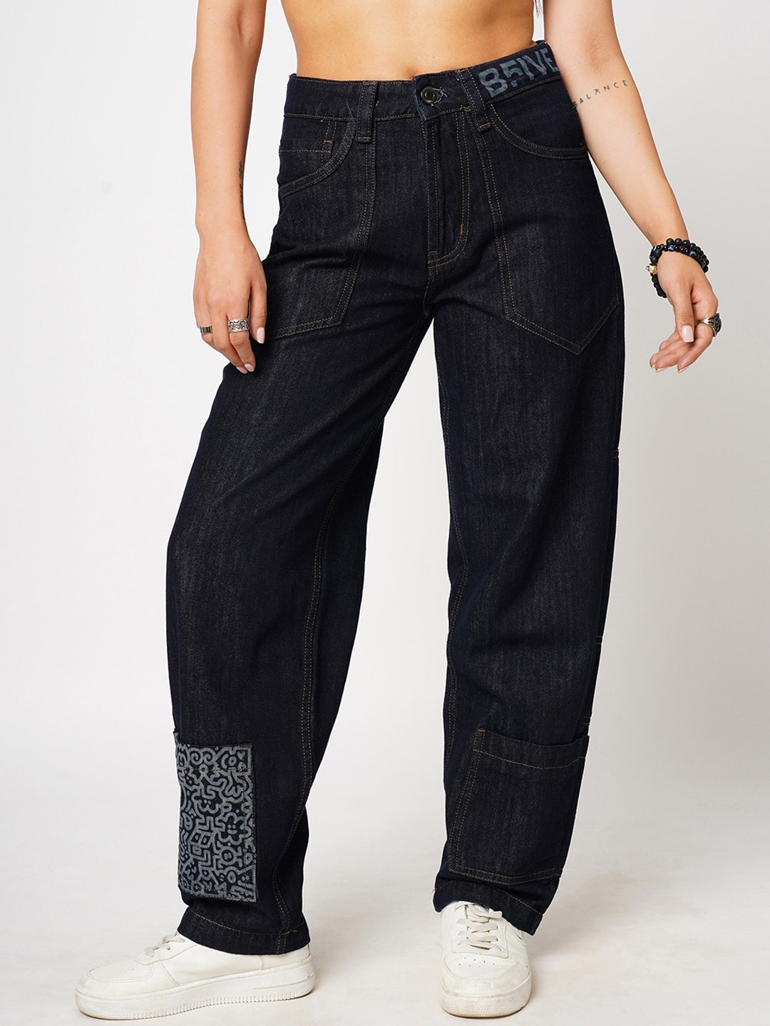 

BFIVE Women Urban Slouchy Fit High-Rise Dark Shade Clean Look Pure Cotton Cargo Jeans, Navy blue