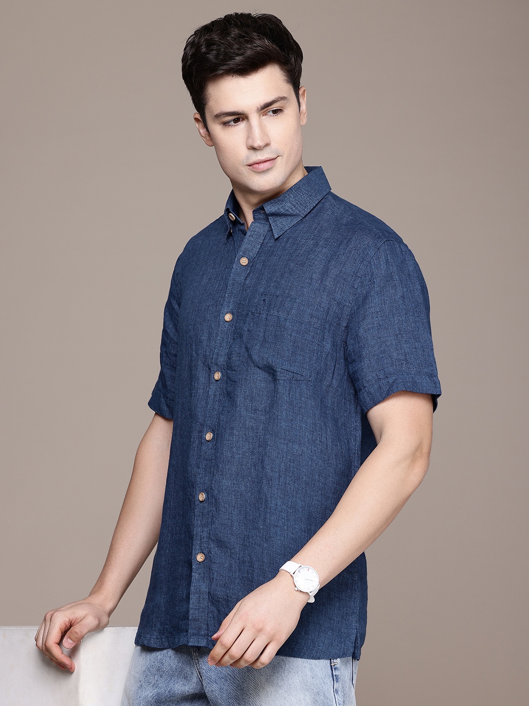 

Burnt Umber Men Linen Casual Shirt, Blue