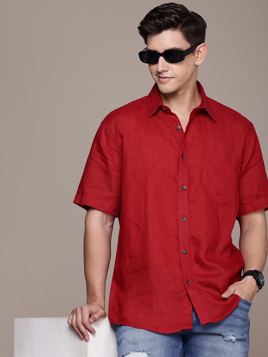 

Burnt Umber Men Linen Casual Shirt, Red