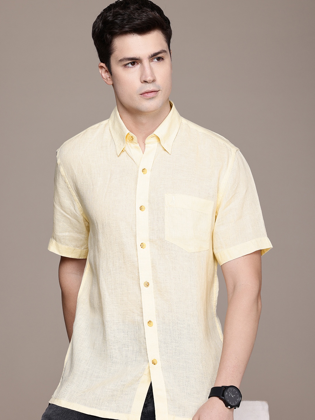 

Burnt Umber Men Linen Casual Shirt, Yellow