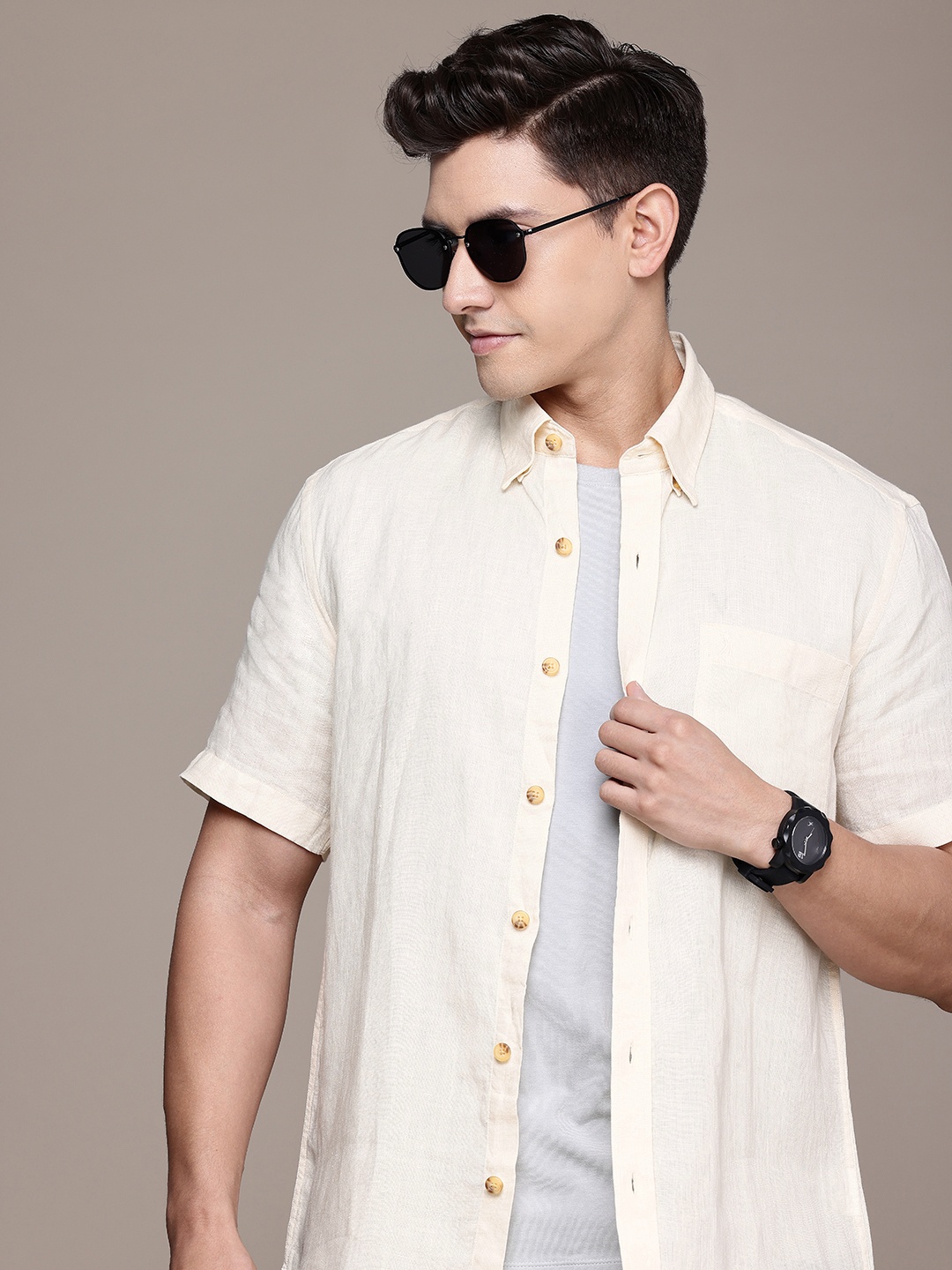 

Burnt Umber Men Linen Casual Shirt, Cream