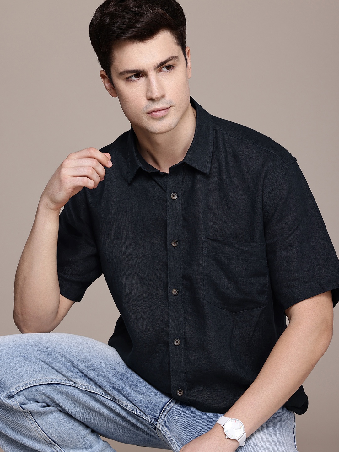 

Burnt Umber Men Linen Casual Shirt, Navy blue