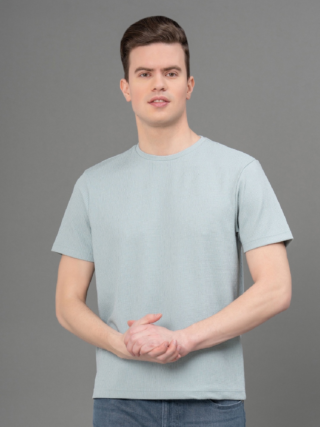 

Red Tape Pastel Self Design Stretch Structured Round Neck T-Shirt, Green