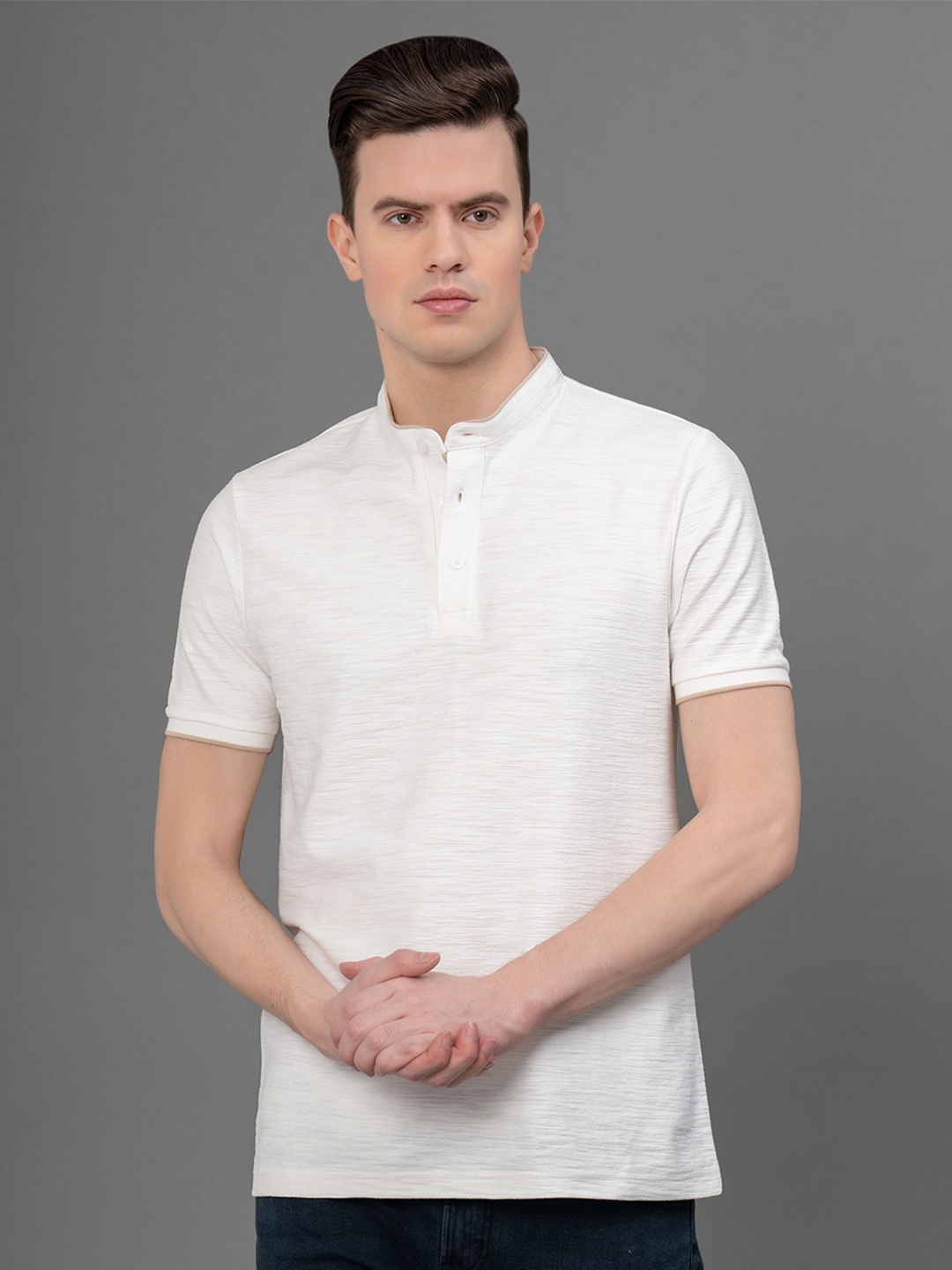 

Red Tape Mandarin Collar Short Sleeves Cotton T-shirt, White