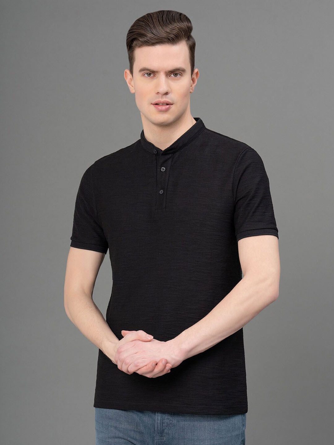 

Red Tape Mandarin Collar Cotton Knitted T-shirt, Black