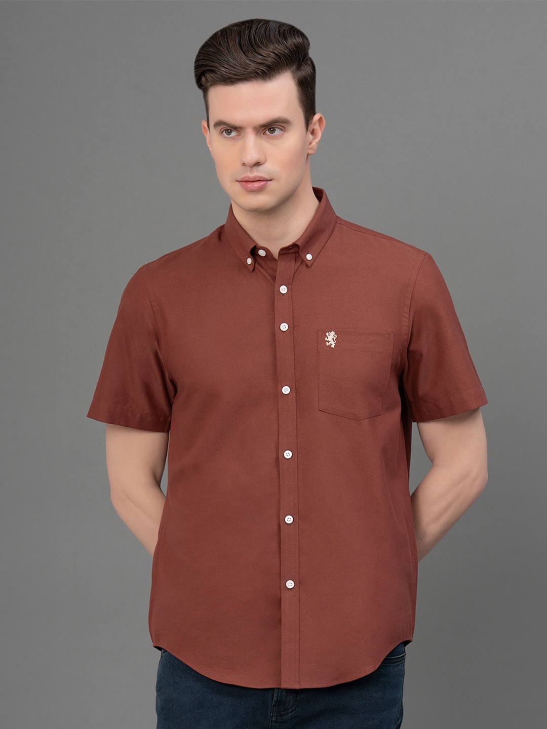 

Red Tape Button-Down Collar Opaque Cotton Casual Shirt, Rust
