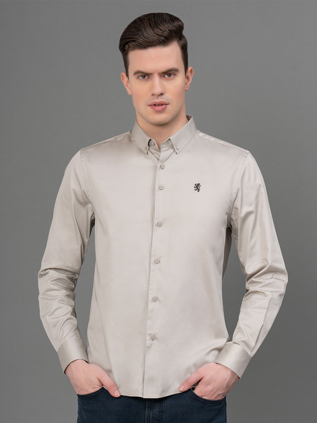 

Red Tape Button-Down Collar Cotton Curved Casual Shirt, Beige