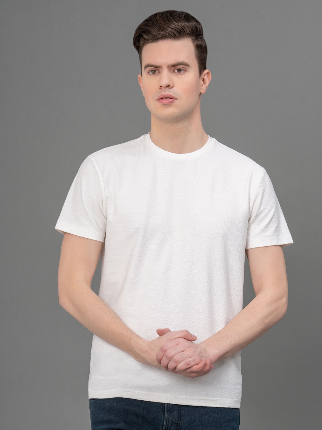 

Red Tape Self Design Streatched Structured Round Neck T-Shirt, White