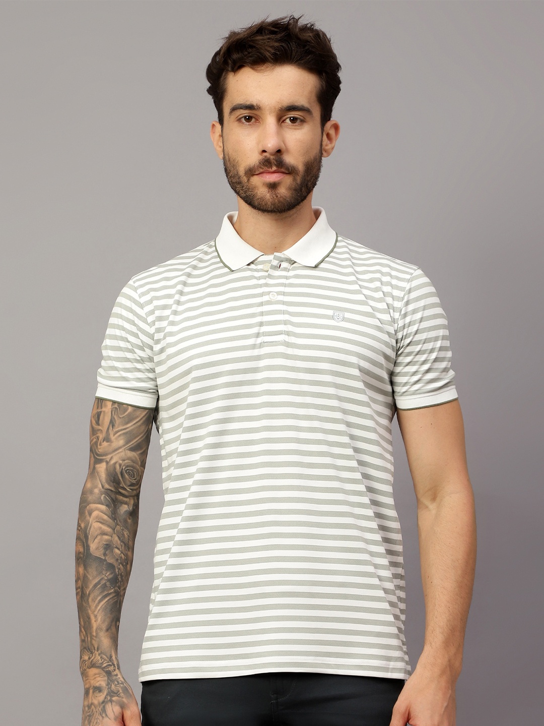 

Cantabil Striped Short Sleeves Polo Collar Cotton T-shirt, Green
