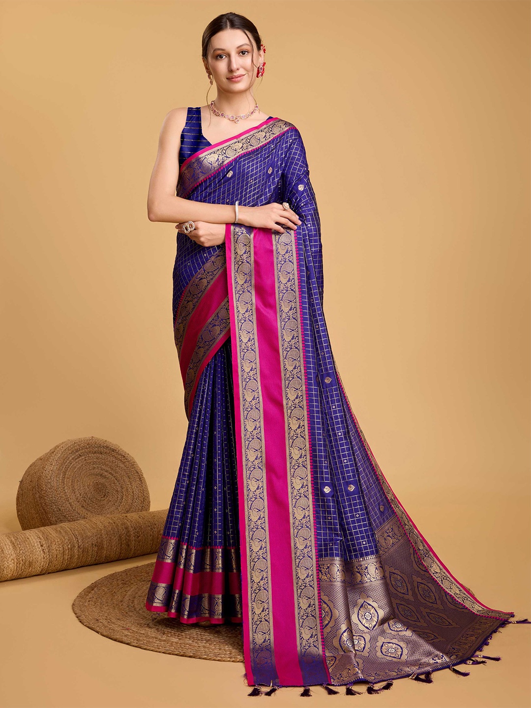 

Mitera Checked Woven Design Zari Banarasi Saree, Blue