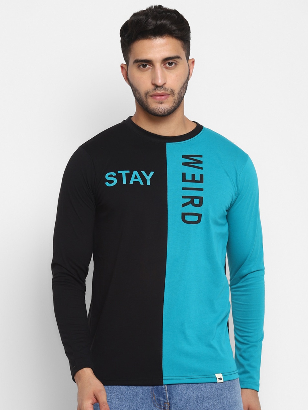 

Bukkl Round Neck Typography Printed Colourblocked Cotton Slim Fit T-shirt, Blue