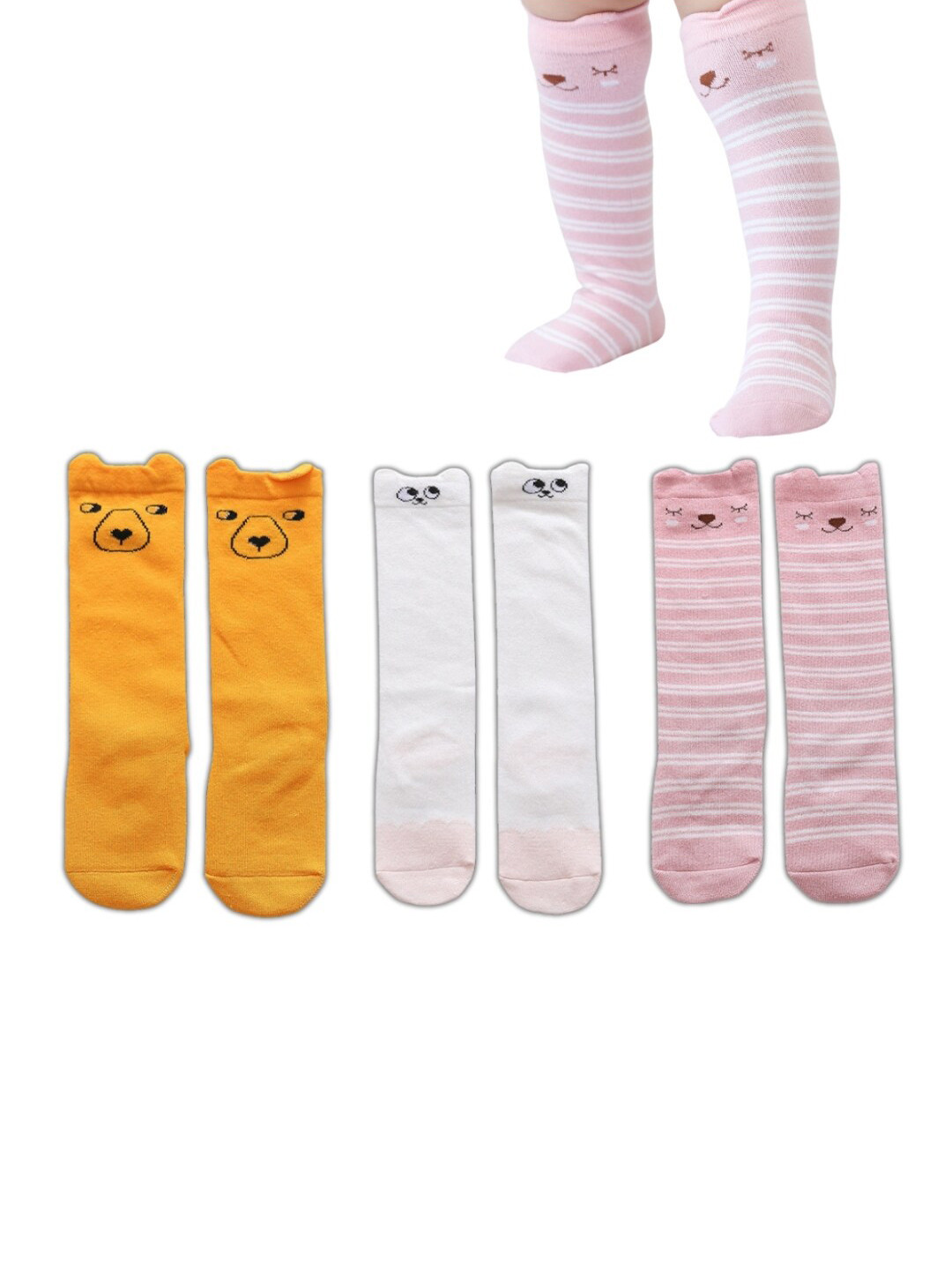 

iSWEVEN Kids Pack Of 3 Printed Cotton Breathable Knee Length Socks, Pink
