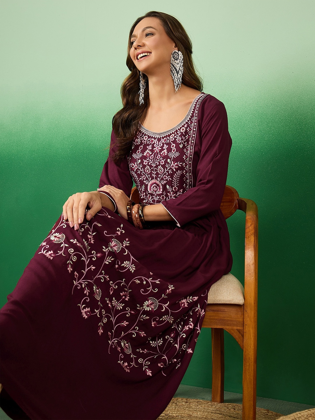 

Sangria Floral Embroidered Round Neck Ethnic Maxi Dress, Maroon