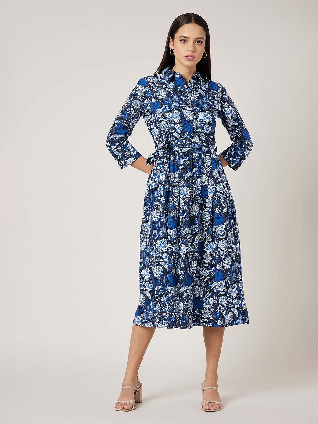 SALT ATTIRE Floral Print Cotton Shirt Midi Dress, Blue