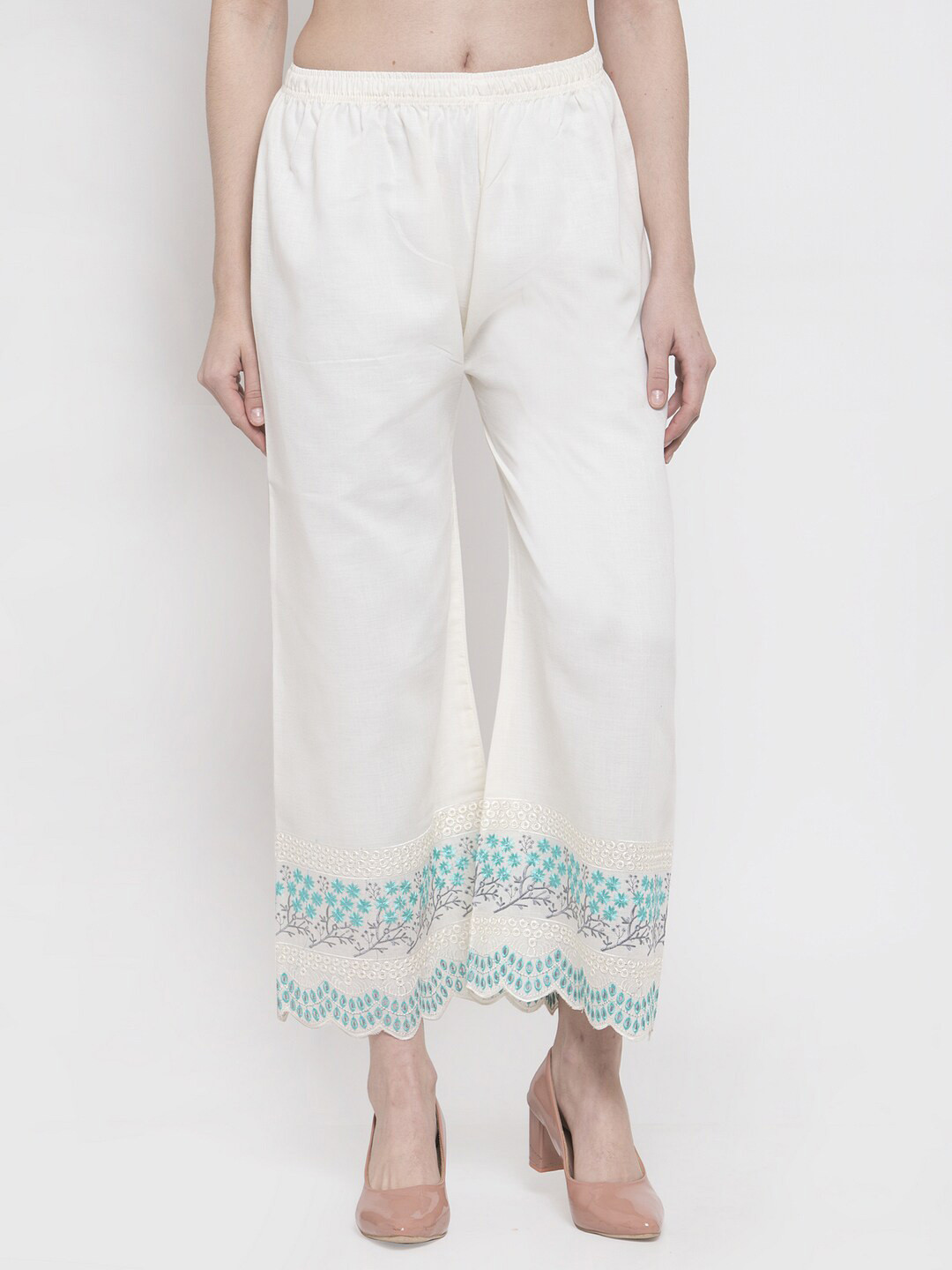 

Miaz Lifestyle Women Floral Embroidered Chambray Palazzo, Off white