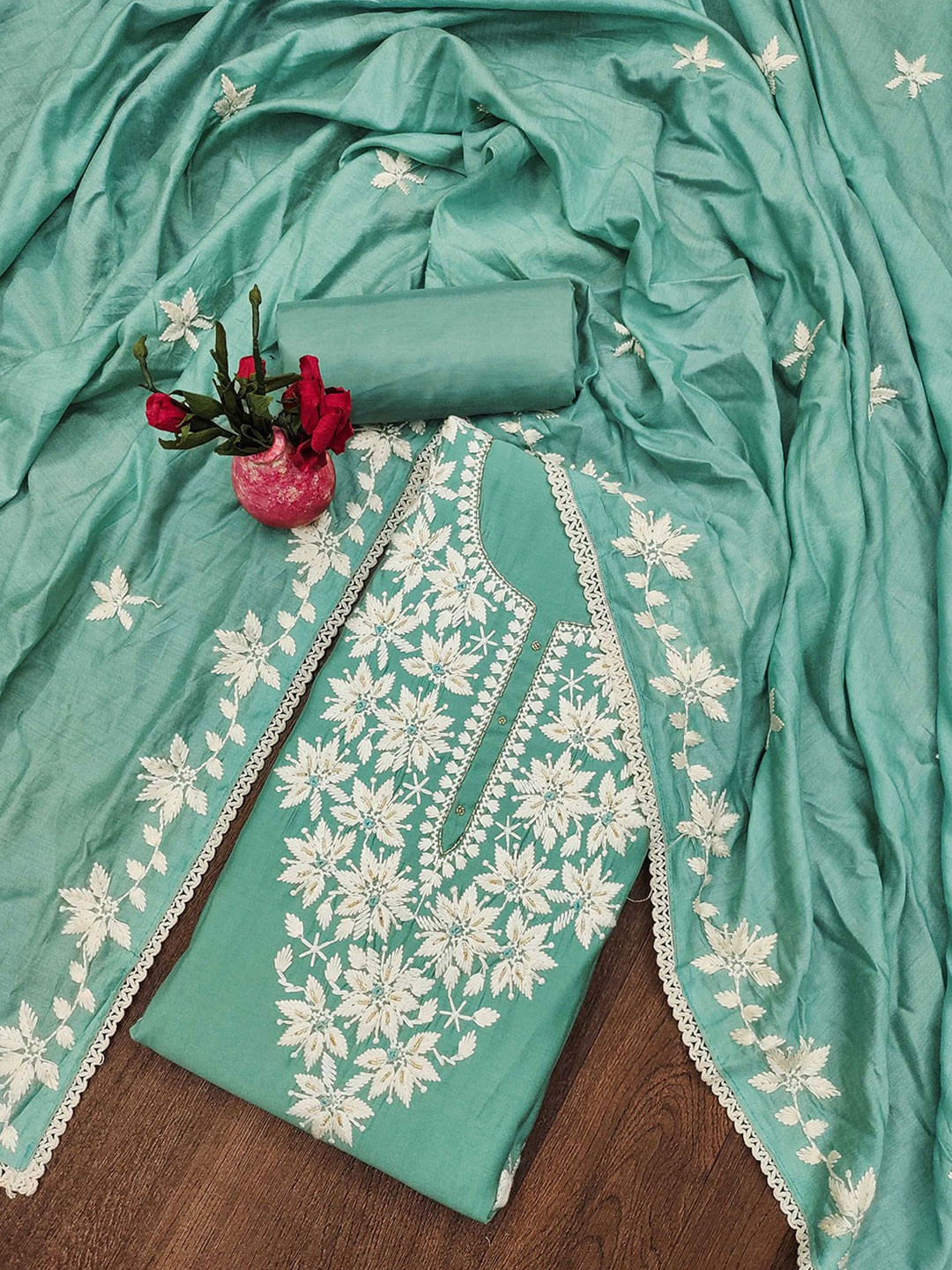 

MANVAA Floral Embroidered Beads and Stones Unstitched Dress Material, Sea green