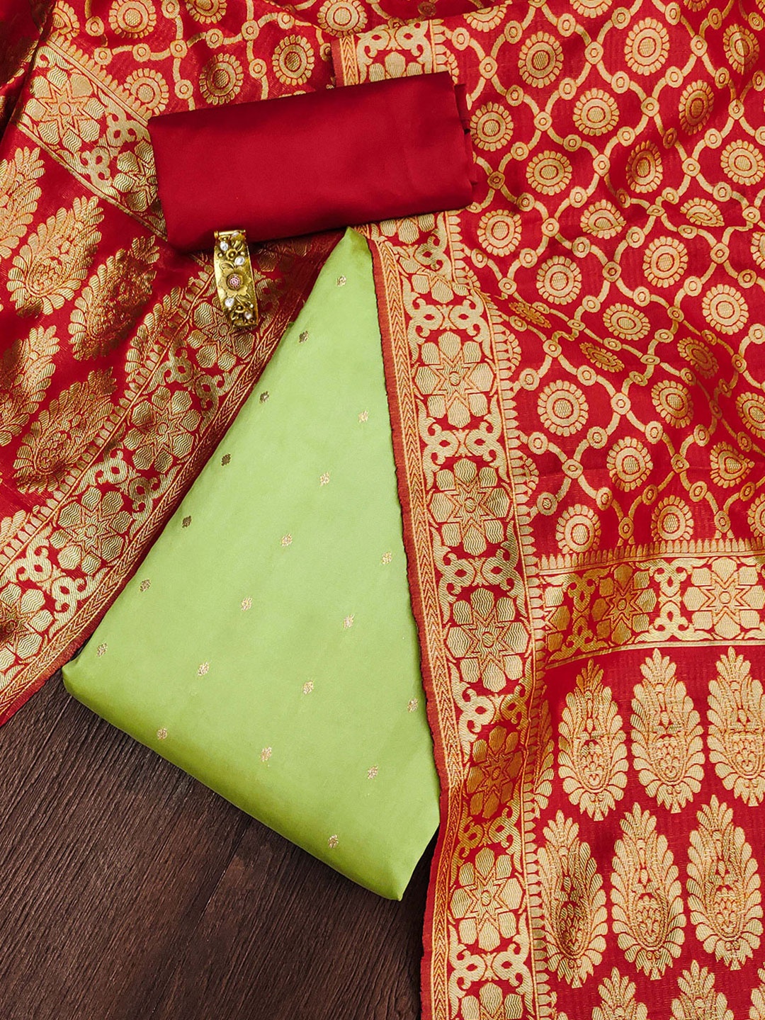 

MANVAA Floral Woven Design Unstitched Dress Material, Lime green