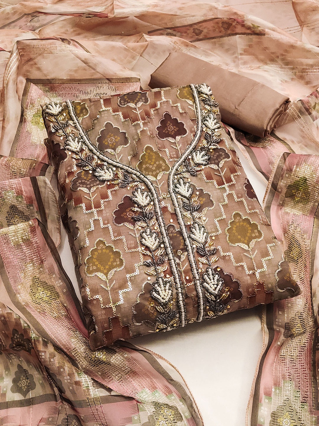 

MANVAA Embellished Beads and Stones Organza Unstitched Dress Material, Rust