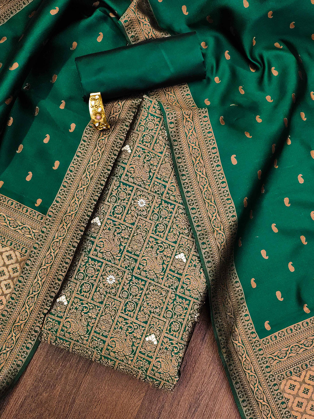 

MANVAA Ethnic Motifs Woven Design Zari Work Unstitched Dress Material, Green