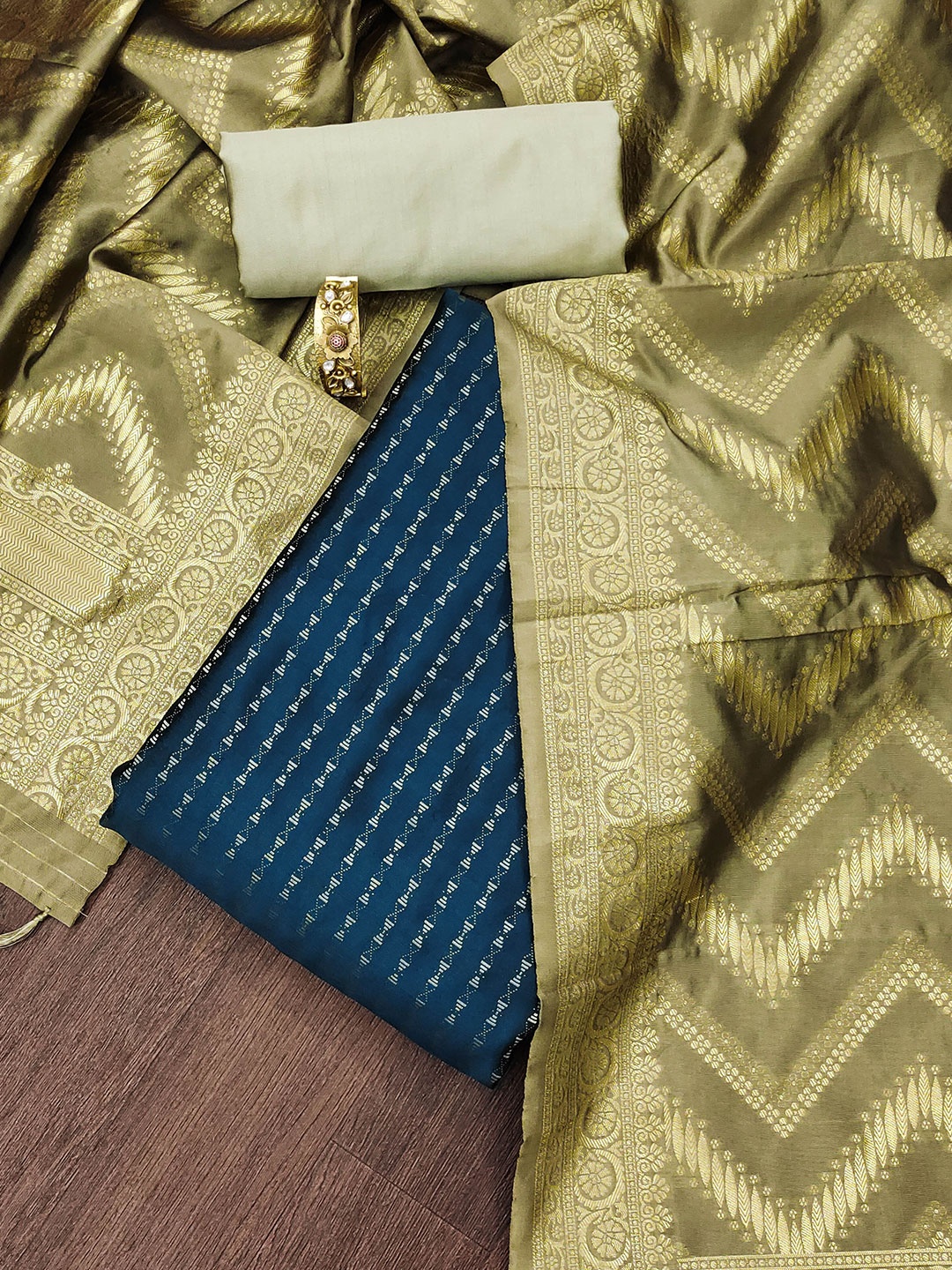 

MANVAA Ethnic Woven Design Unstitched Dress Material, Blue