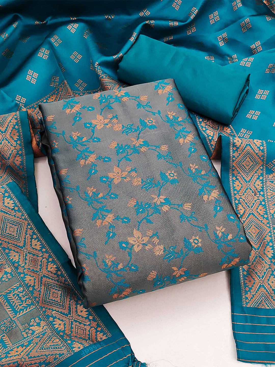 

MANVAA Floral Woven Design Zari Unstitched Dress Material, Blue