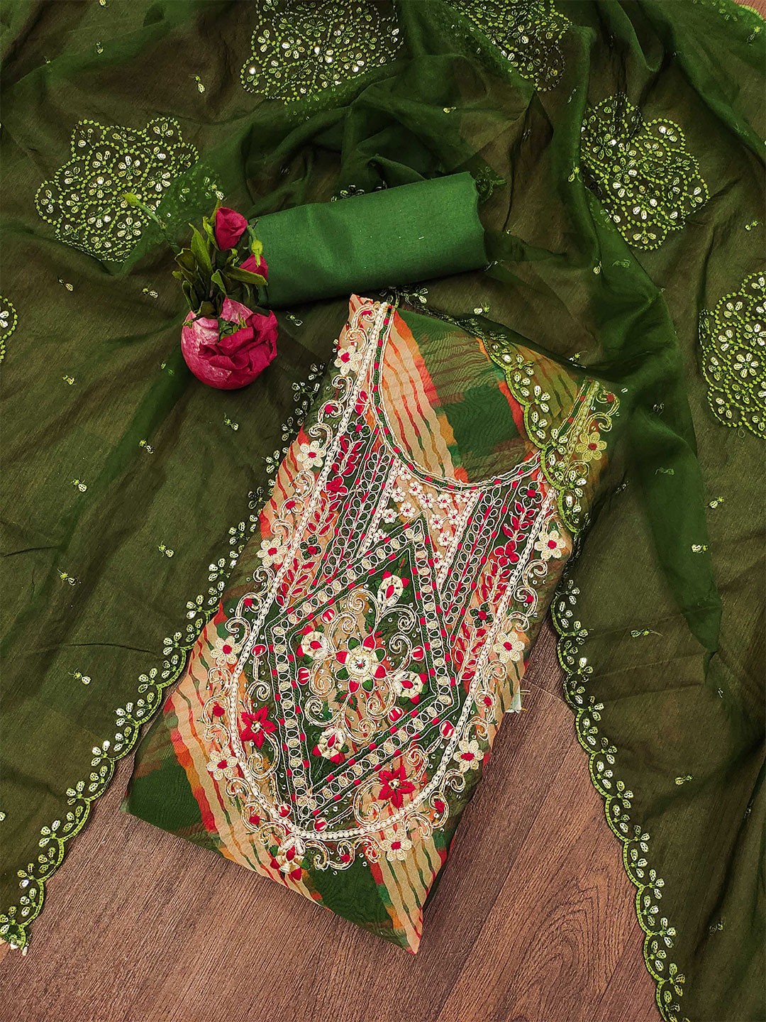 

MANVAA Ethnic Printed Zari Organza Unstitched Dress Material, Green