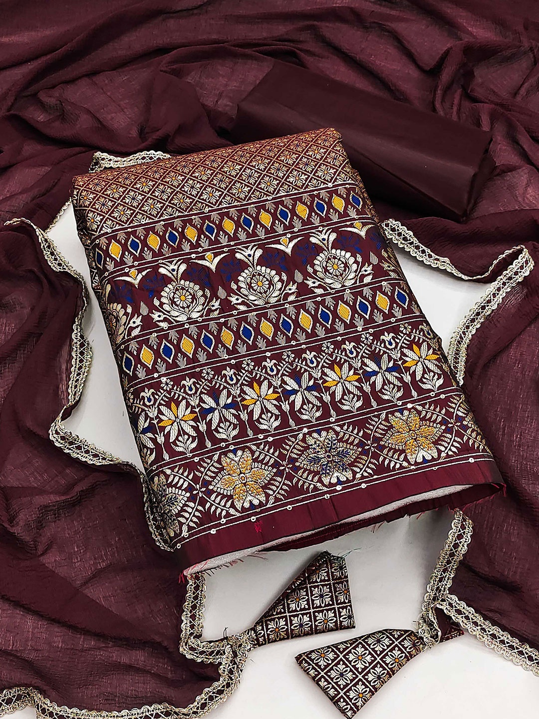 

MANVAA Ethnic Motifs Woven Design Unstitched Dress Material, Coffee brown