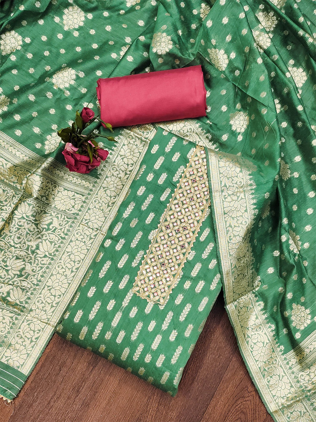 

MANVAA Ethnic Motifs Woven Design Unstitched Dress Material, Green