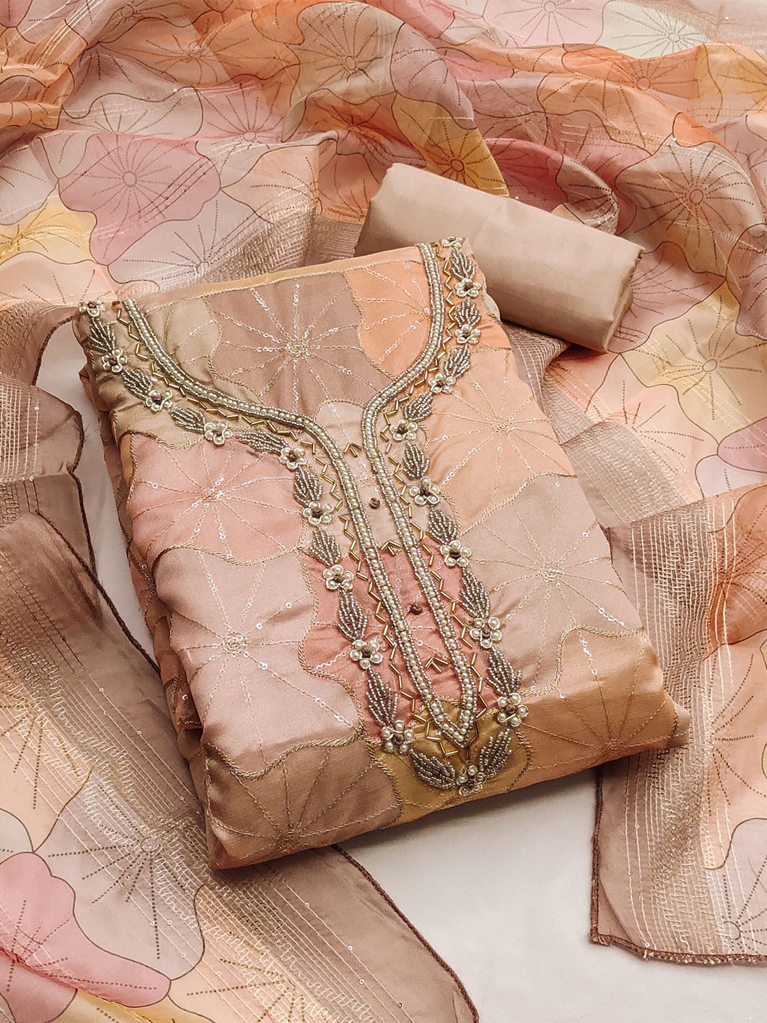 

MANVAA Ethnic Motifs Embellished Beads and Stones Organza Unstitched Dress Material, Peach