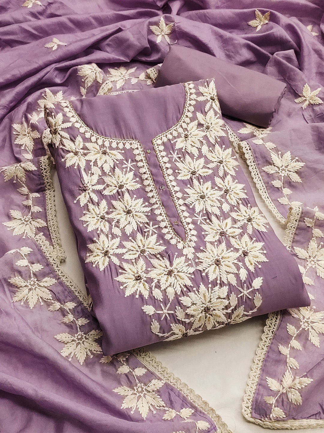 

MANVAA Floral Embroidered Unstitched Dress Material, Lavender