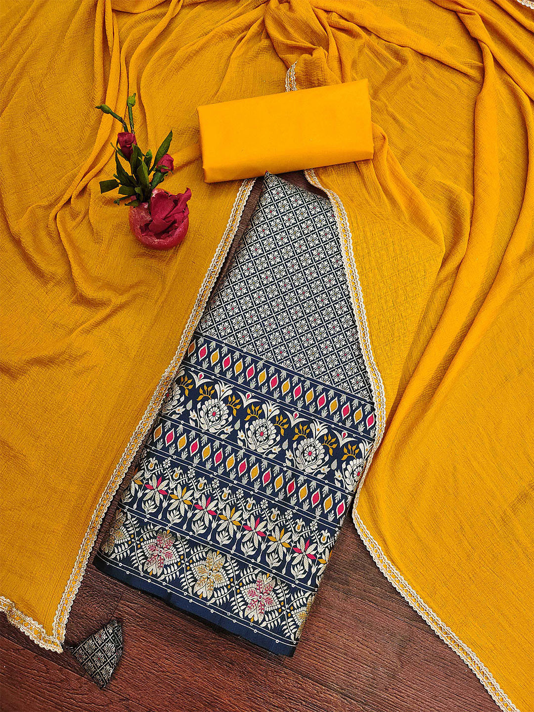 

MANVAA Ethnic Motifs Woven Design Unstitched Dress Material, Navy blue