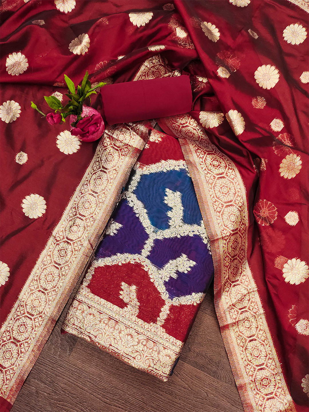 

MANVAA Florla Woven Design Zari Unstitched Dress Material, Maroon