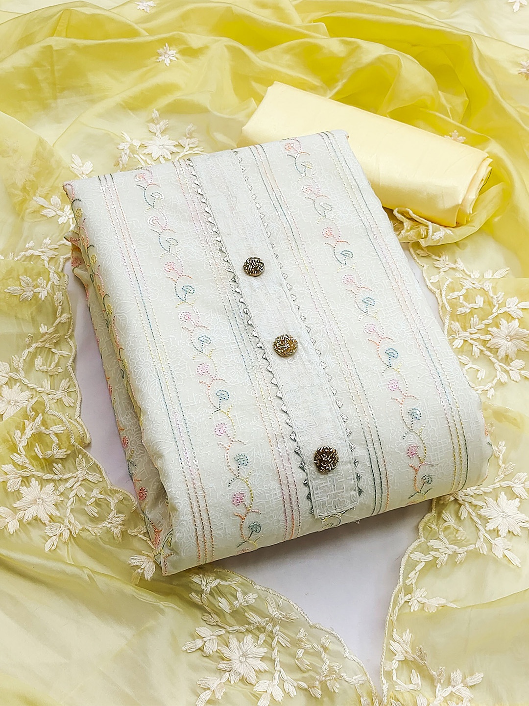 

MANVAA Ethnic Motifs Embellished Gotta Patti Unstitched Dress Material, Off white