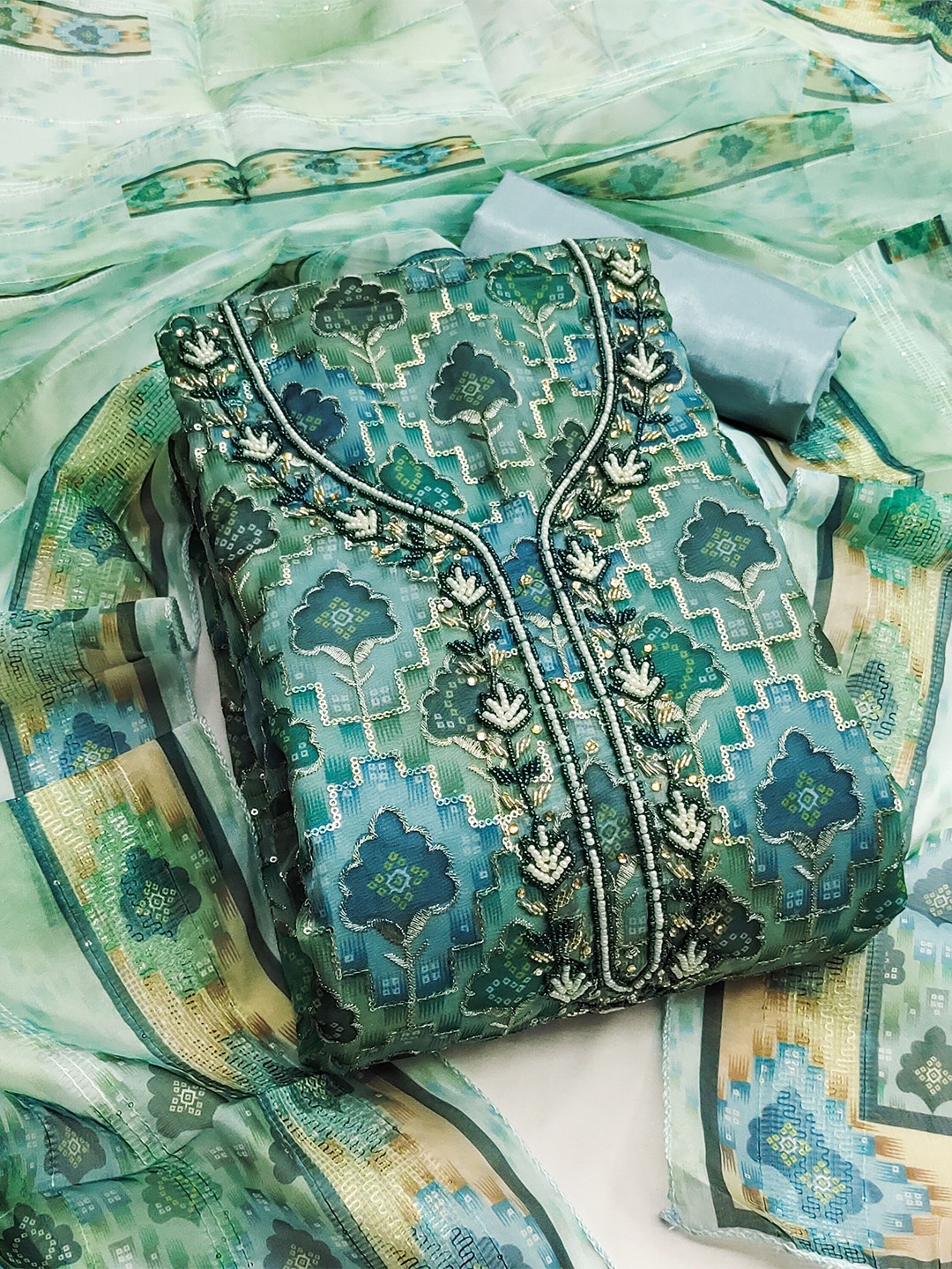 

MANVAA Ethnic Printed Sequined Organza Unstitched Dress Material, Teal