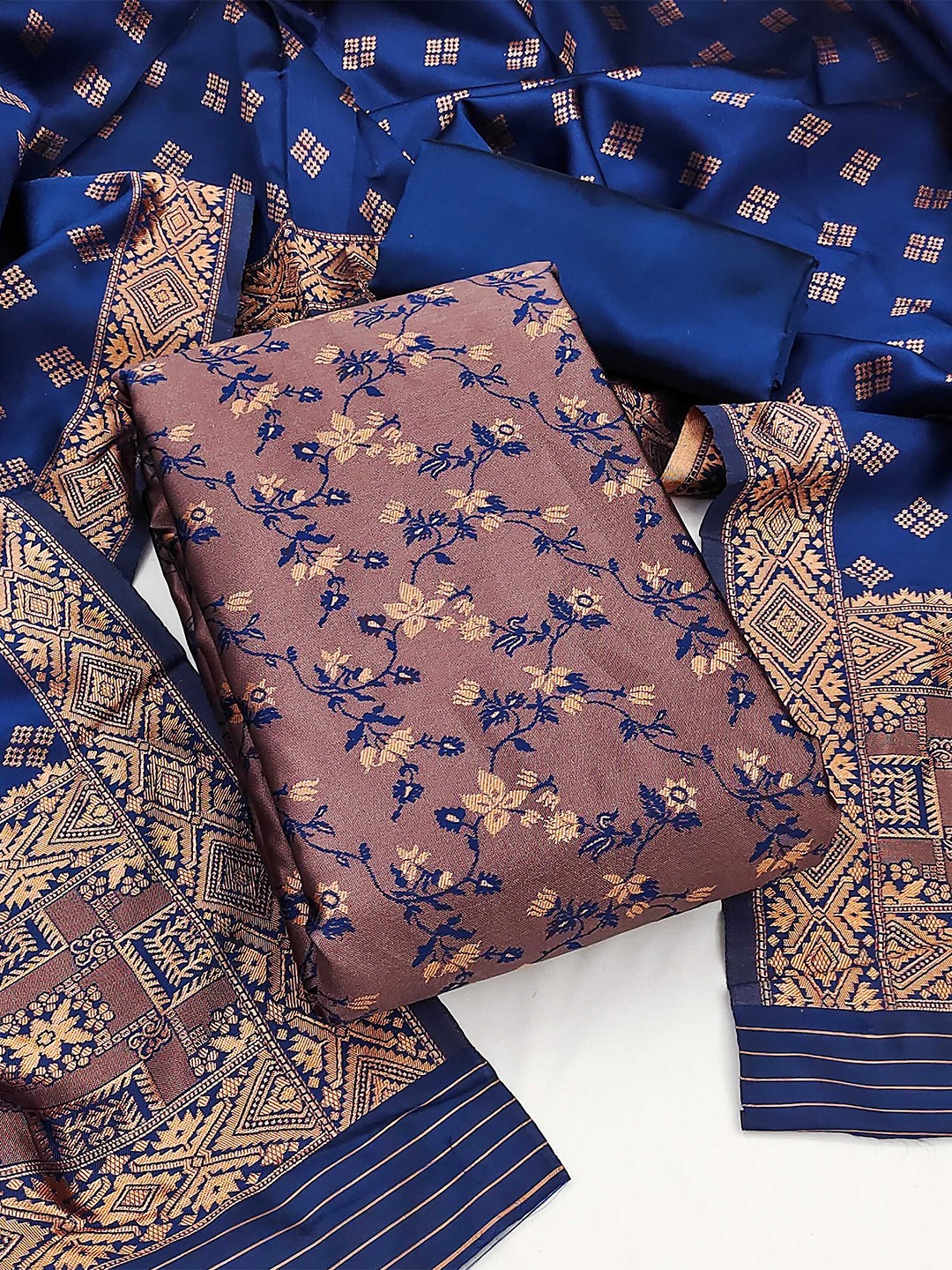 

MANVAA Ethnic Motifs Woven Design Unstitched Dress Material, Navy blue