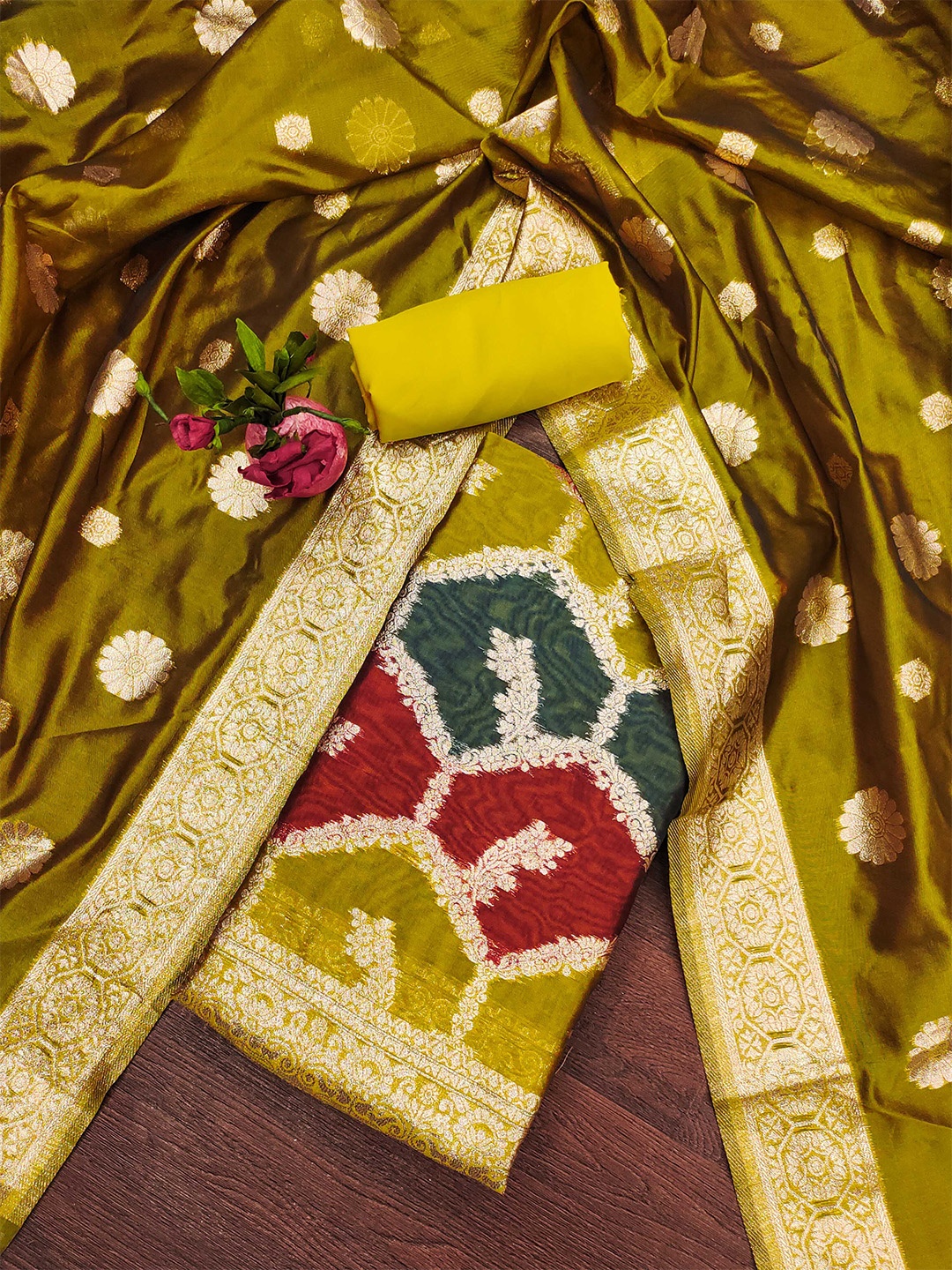 

MANVAA Embellished Organza Unstitched Dress Material, Mustard