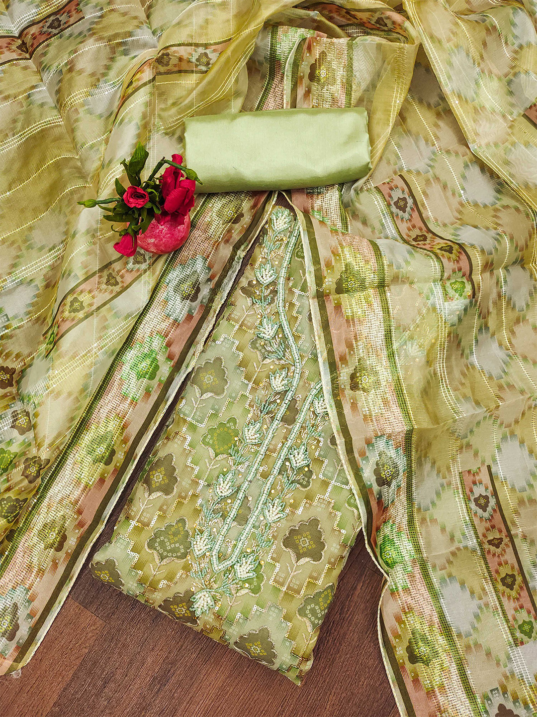 

MANVAA Ethnic Motifs Embroidered Sequinned Detailed Organza Unstitched Dress Material, Green