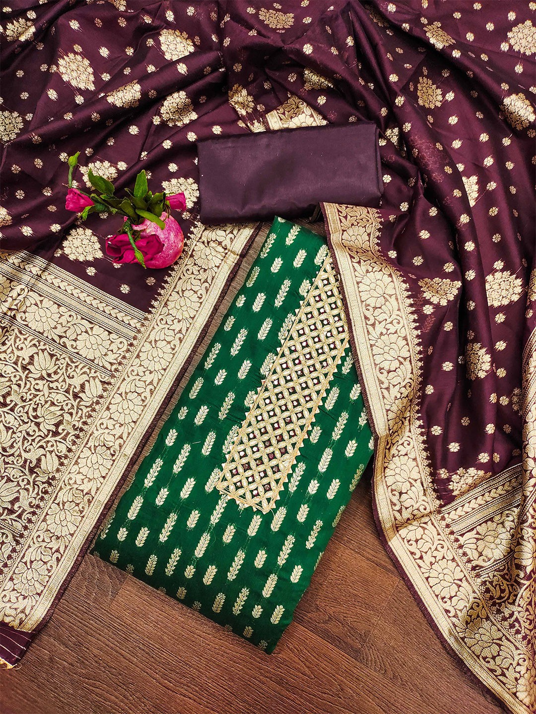 

MANVAA Ethnic Motifs Woven Design Zari Work Unstitched Dress Material, Green