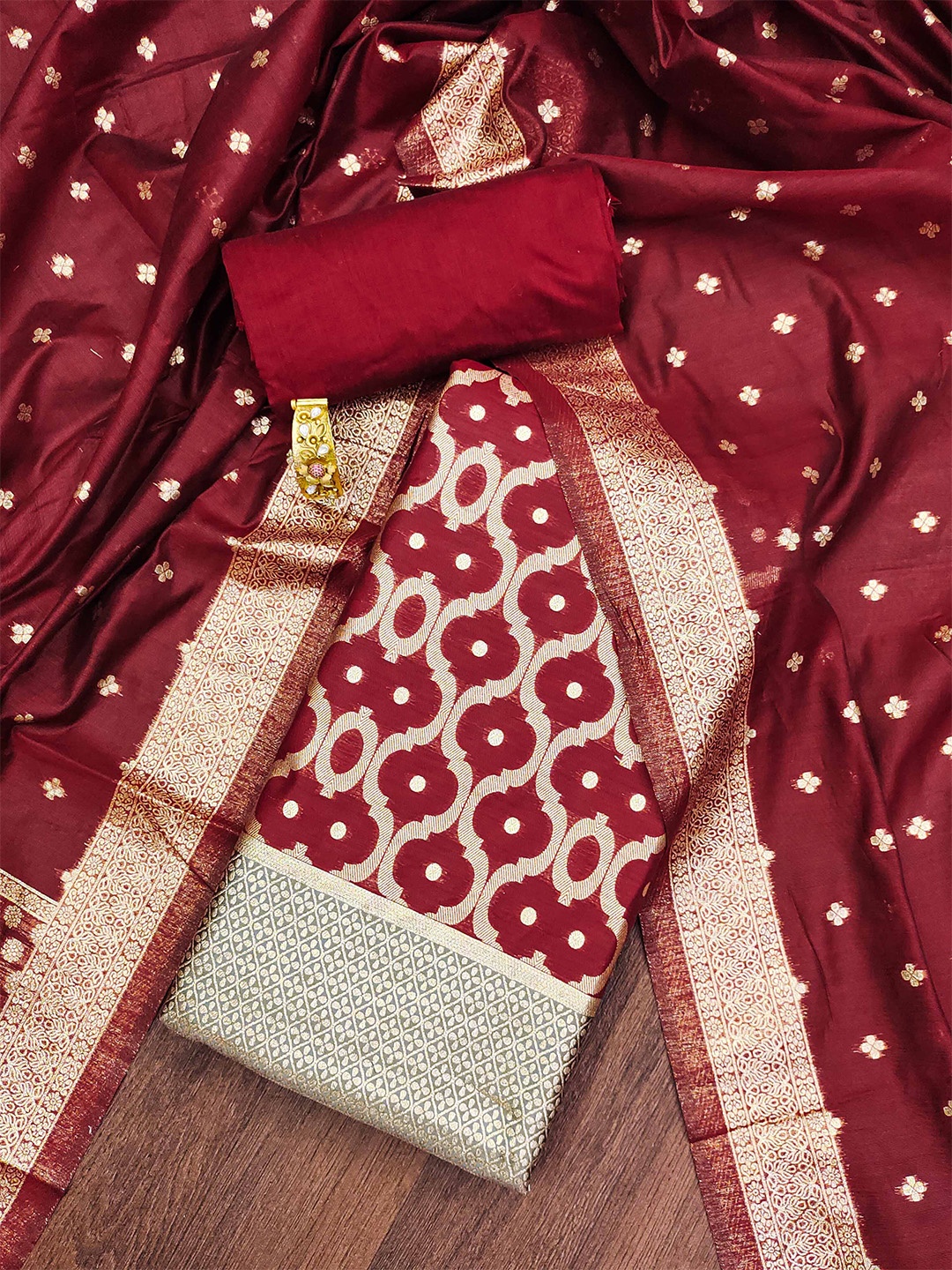 

MANVAA Ethnic Motifs Woven Design Zari Work Unstitched Dress Material, Maroon
