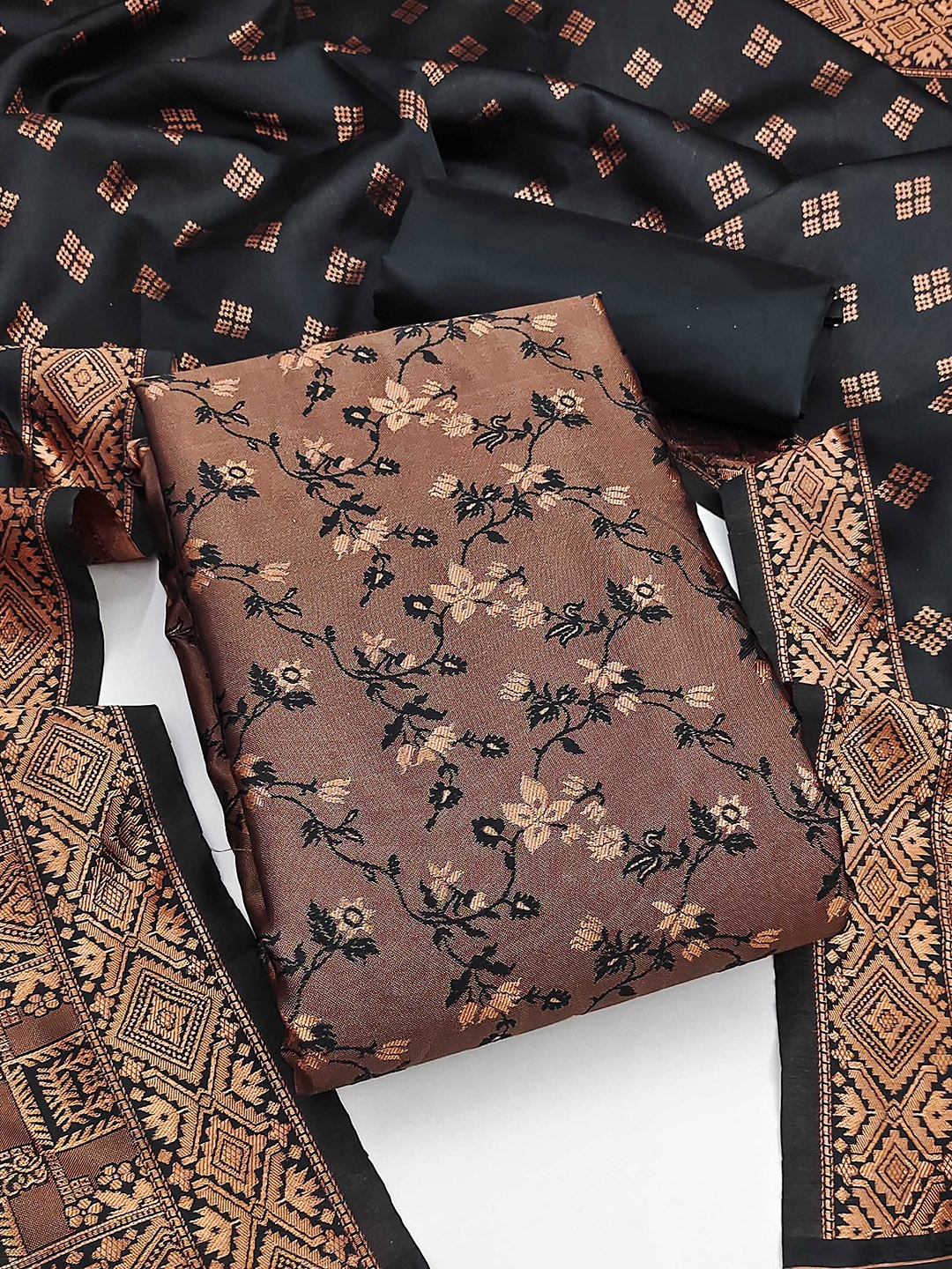 

MANVAA Floral Woven Design Zari Work Unstitched Dress Material, Black