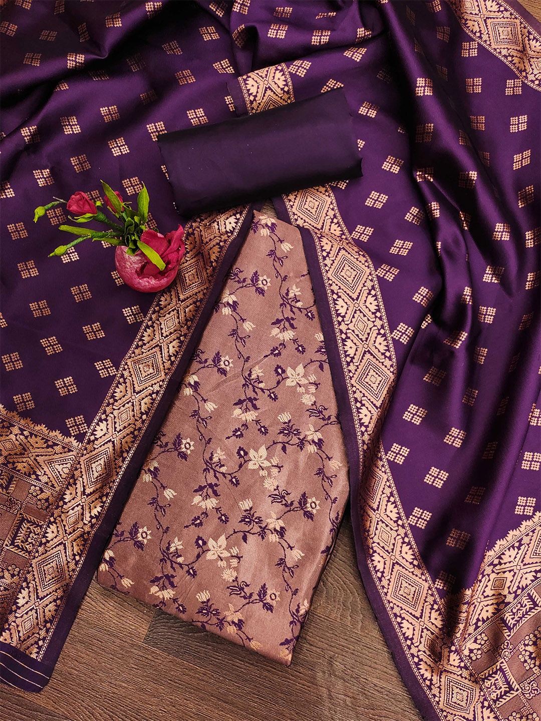 

MANVAA Floral Woven Design Zari Work Unstitched Dress Material, Violet