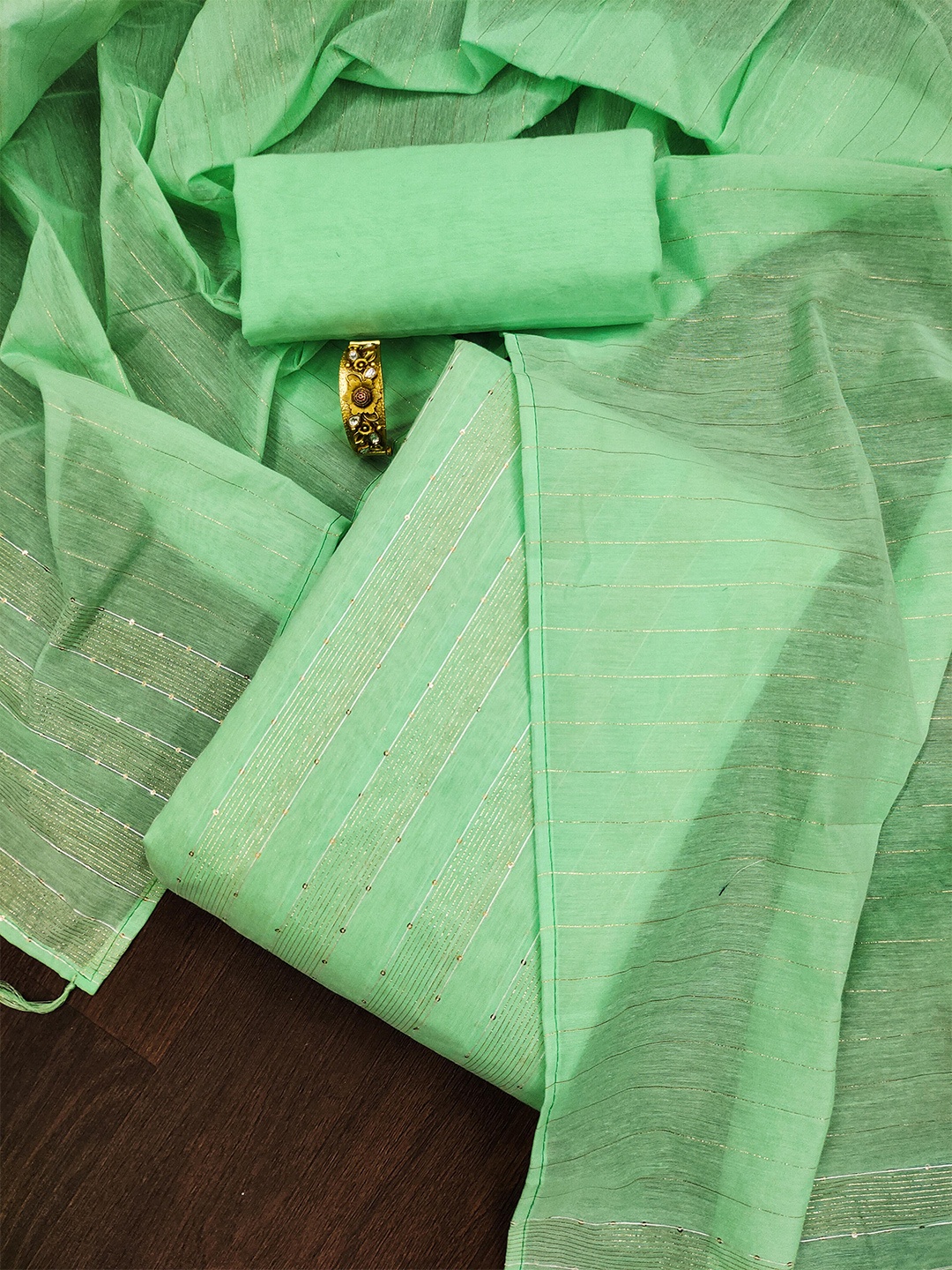 

MANVAA Striped Woven Design Sequinned Unstitched Dress Material, Lime green