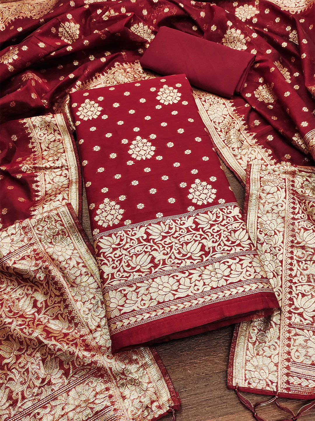

MANVAA Ethnic Motifs Woven Design Unstitched Dress Material, Maroon